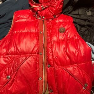 Polo Ralph Lauren Vintage Red Sleeveless Vest Puffer with Brown Logo Patch